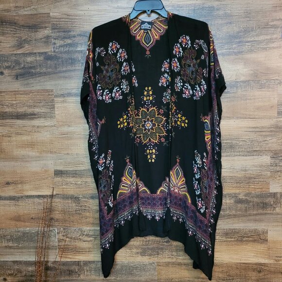 Angie Open Front Kimono Cardigan OS Floral Medallion Black Multi Boho Lagenlook - Picture 1 of 8